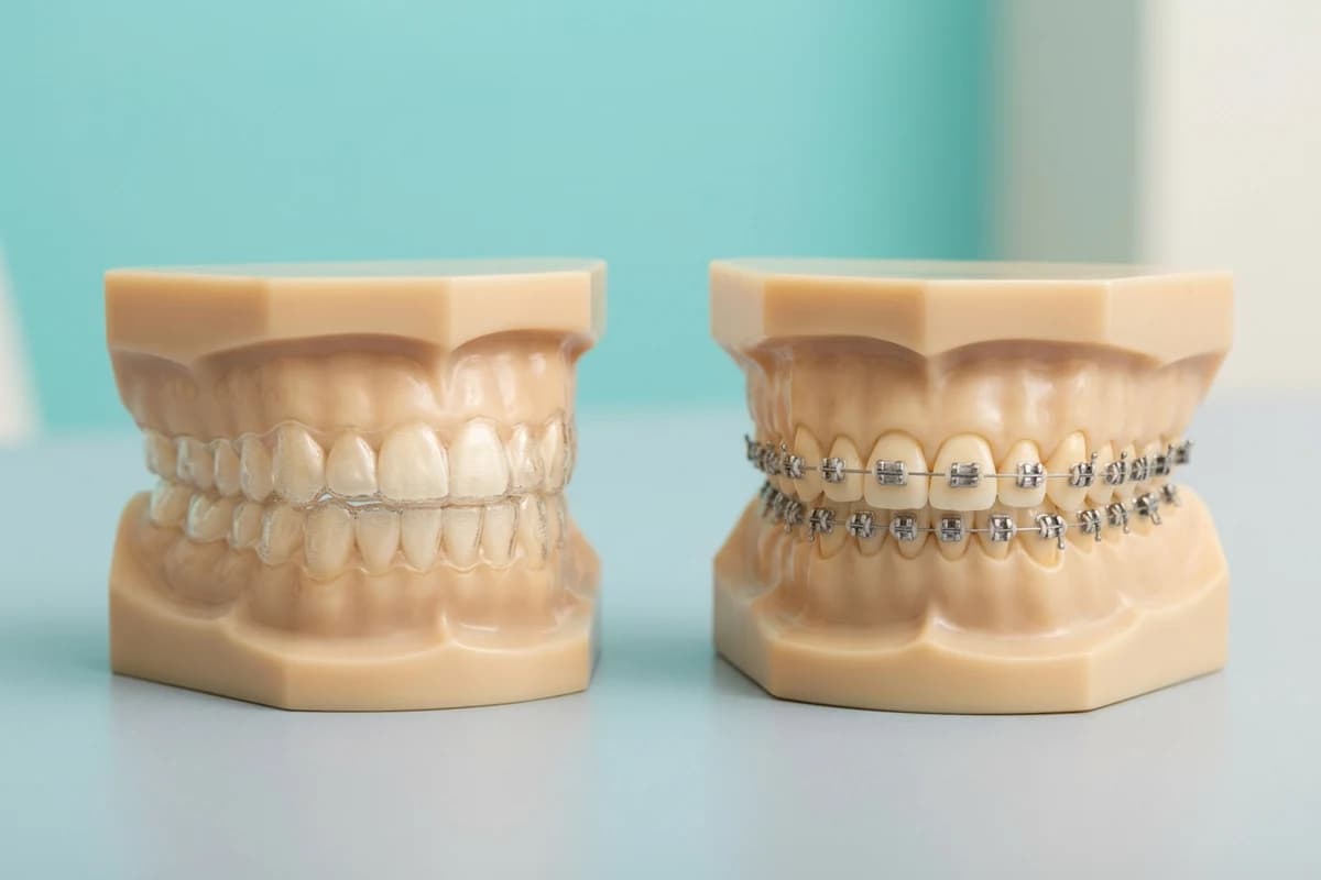 Clear aligner and braces shown on separate dental models