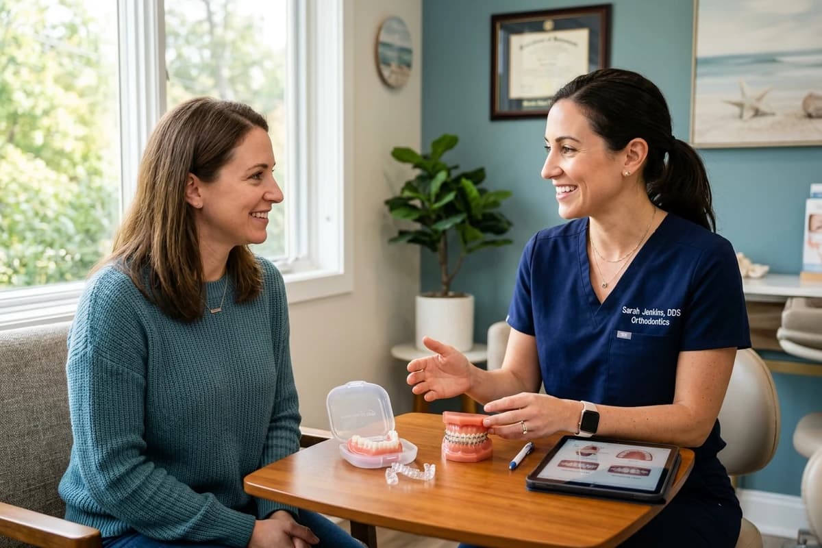 Orthodontist discussing aligners and braces with an adult patient