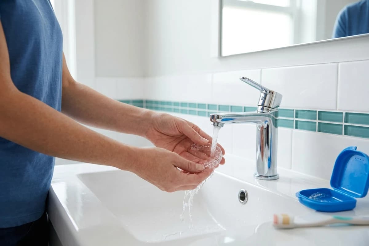 Hands gently cleaning a retainer with cool water