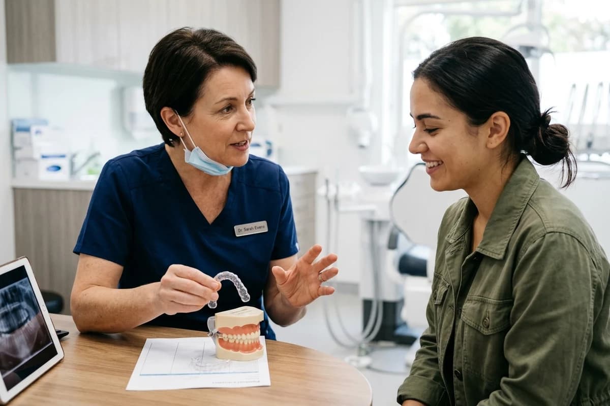 Orthodontist showing a retainer and tooth model at a follow-up